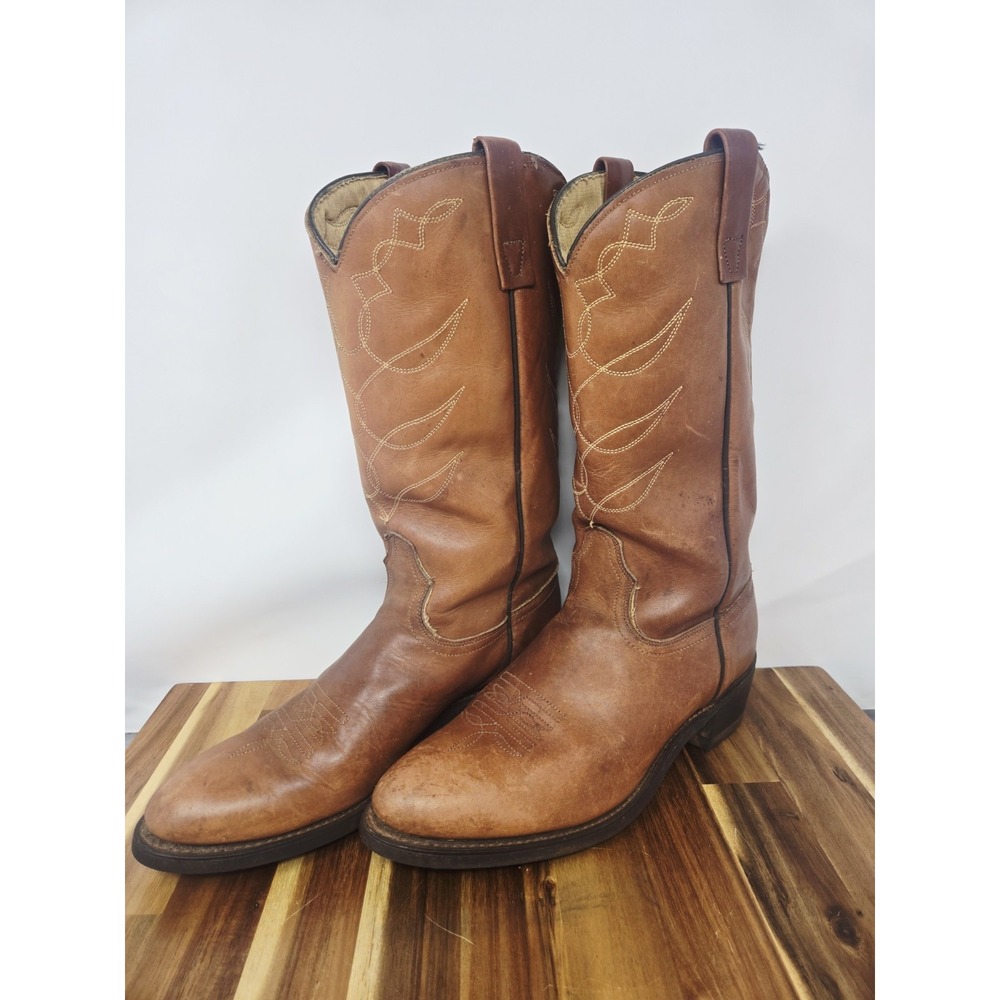 ACME Vintage Cowboy Western Boots Cognac Brown Leather Ranch Men Size 7 Womens 9 - Picture 6 of 11